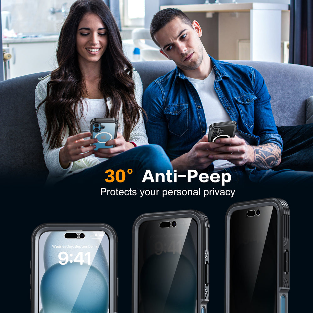 iPhone 16 Case with Double Front Frame, Built-In 9H Tempered Glass and Privacy Screen Protector, MagSafe Compatible Magnetic Phone Case - Black