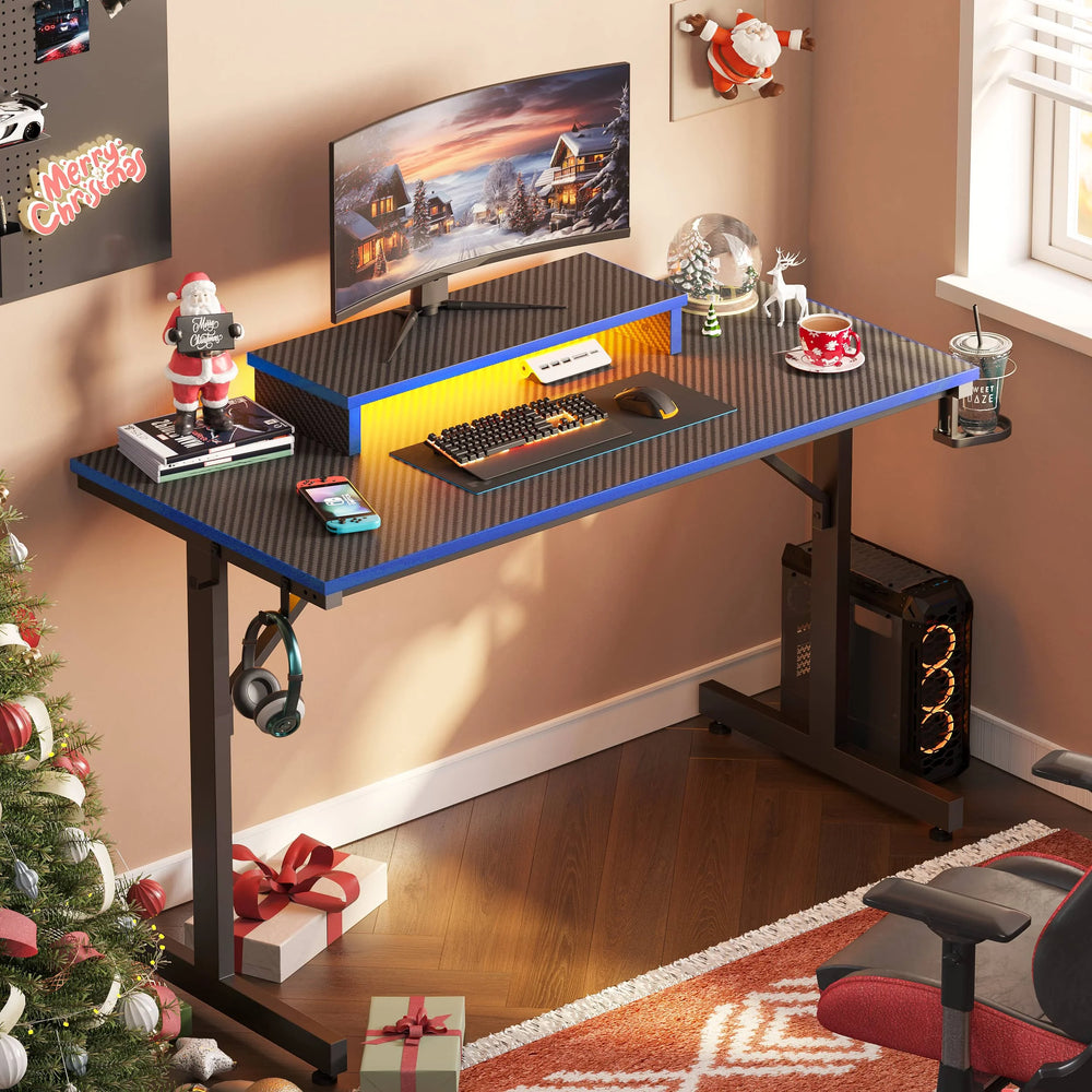 42-Inch Gaming Desk with LED Lighting, Monitor Stand, Hook, and Cup Holder in Blue