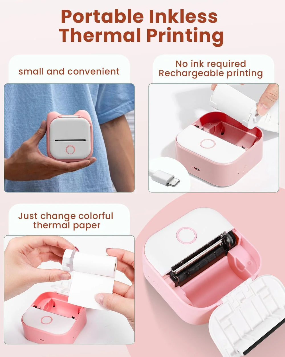 T02 Portable Bluetooth Label Maker and Mini Sticker Printer - Inkless Mobile Printer for Study Notes, Photos, Journals, and To-Do Lists (Pink)