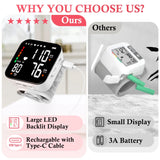 Blood Pressure Monitor, Wrist Pressure LCD Display Automatic Voice Pulsometer Sphygmomanometer, Rechargable Heart Health BP Monitor for Home Travel Use,White