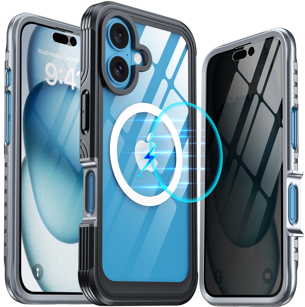 iPhone 16 Case with Double Front Frame, Built-In 9H Tempered Glass and Privacy Screen Protector, MagSafe Compatible Magnetic Phone Case - Black