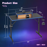 42-Inch Gaming Desk with LED Lighting, Monitor Stand, Hook, and Cup Holder in Blue