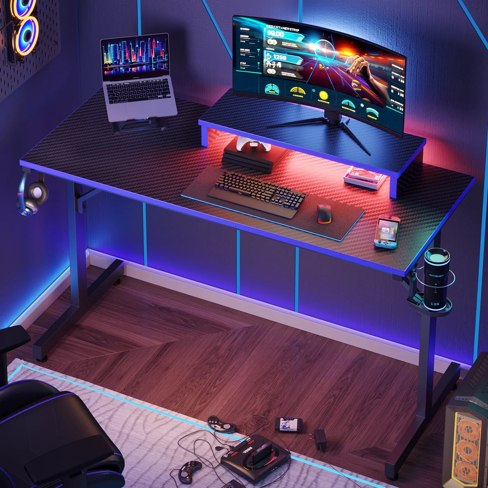 42-Inch Gaming Desk with LED Lighting, Monitor Stand, Hook, and Cup Holder in Blue