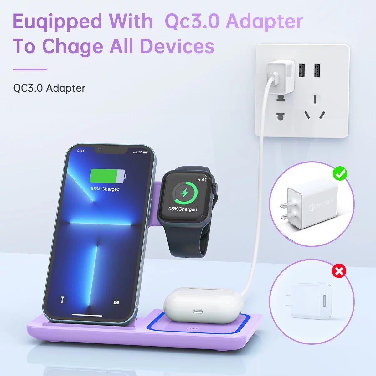 3-in-1 Wireless Charging Station for iPhone 17/16/15/14/13/12/11/Pro/Pro Max/Xs, 18W Dock for Apple Watch Series 11-3 and AirPods 4/3/2/Pro (Purple)