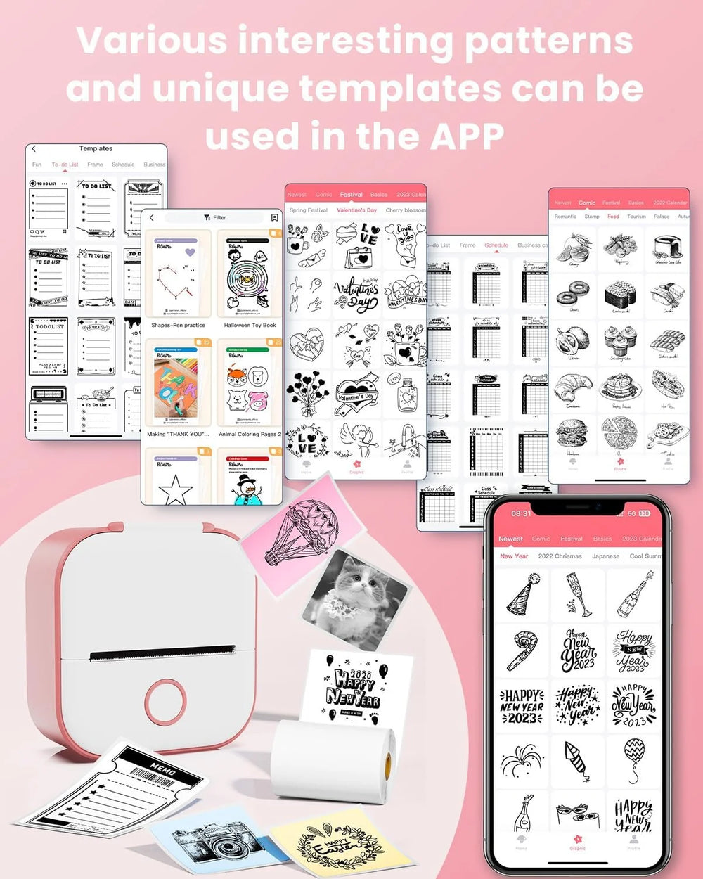 T02 Portable Bluetooth Label Maker and Mini Sticker Printer - Inkless Mobile Printer for Study Notes, Photos, Journals, and To-Do Lists (Pink)