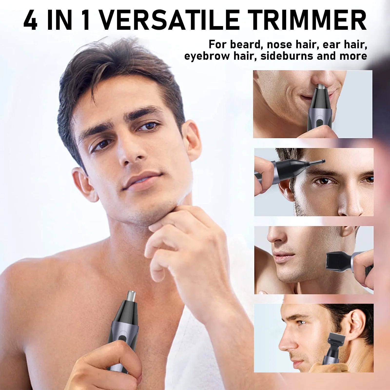 Rechargeable Waterproof Nose Hair Trimmer for Men with Eyebrow and Beard Grooming Features