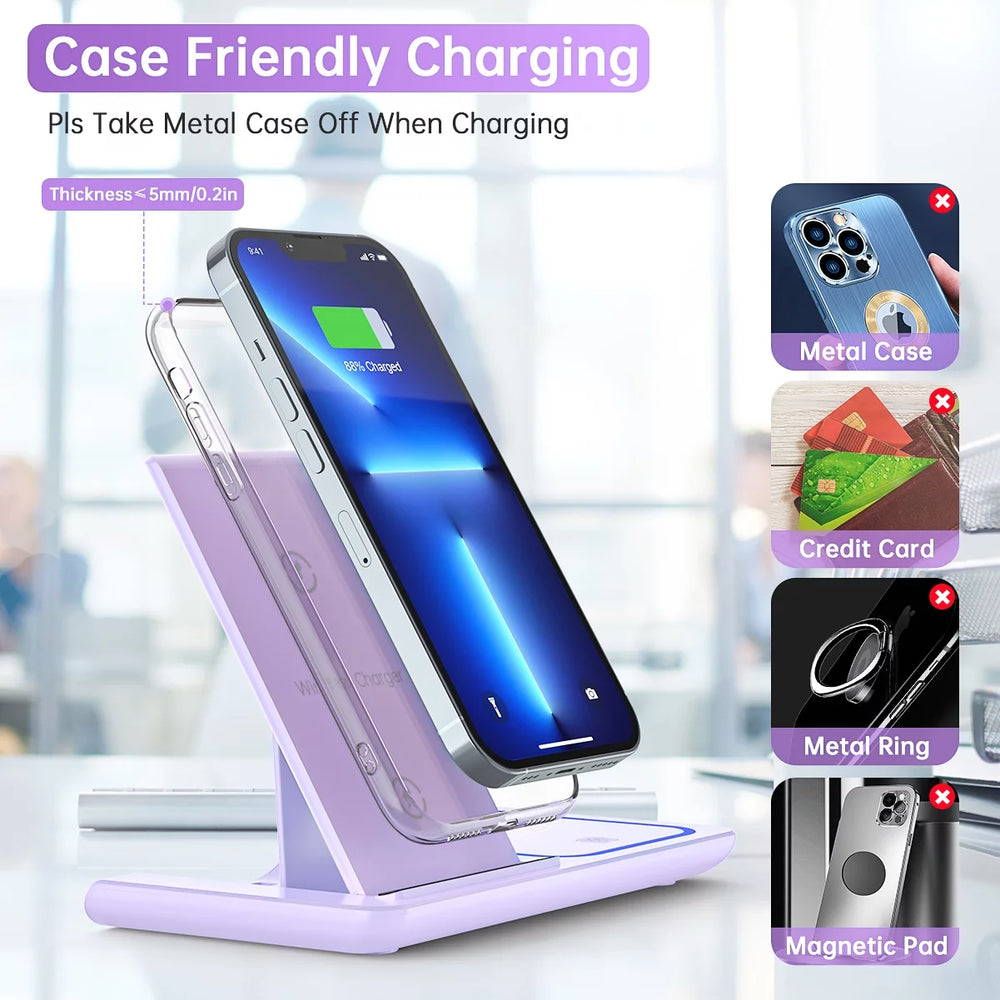 3-in-1 Wireless Charging Station for iPhone 17/16/15/14/13/12/11/Pro/Pro Max/Xs, 18W Dock for Apple Watch Series 11-3 and AirPods 4/3/2/Pro (Purple)