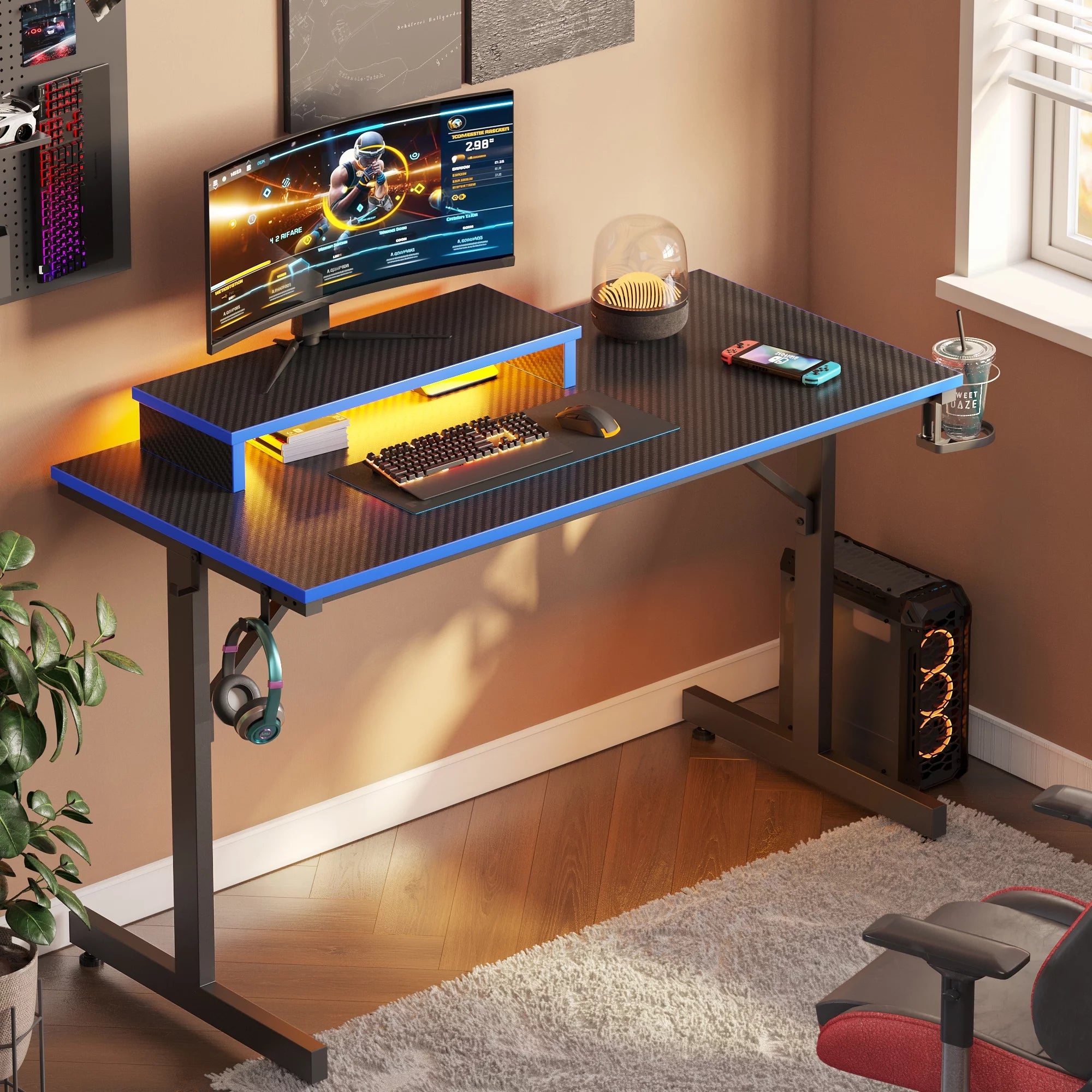 42-Inch Gaming Desk with LED Lighting, Monitor Stand, Hook, and Cup Holder in Blue