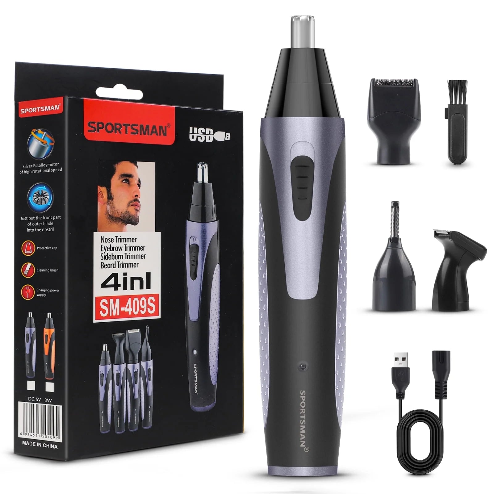 Rechargeable Waterproof Nose Hair Trimmer for Men with Eyebrow and Beard Grooming Features