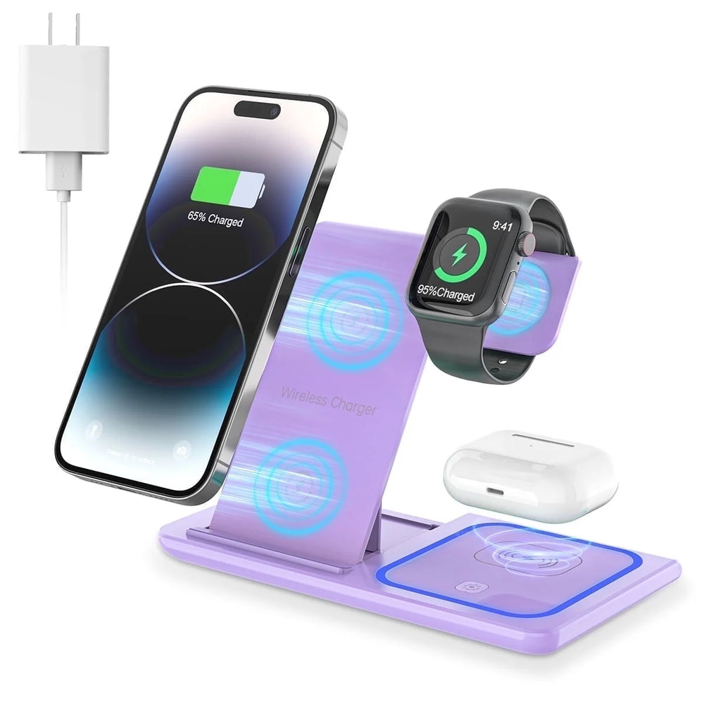 3-in-1 Wireless Charging Station for iPhone 17/16/15/14/13/12/11/Pro/Pro Max/Xs, 18W Dock for Apple Watch Series 11-3 and AirPods 4/3/2/Pro (Purple)