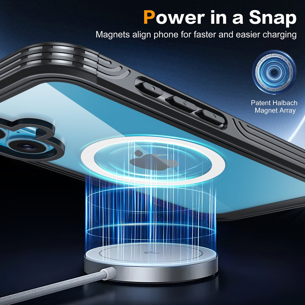 iPhone 16 Case with Double Front Frame, Built-In 9H Tempered Glass and Privacy Screen Protector, MagSafe Compatible Magnetic Phone Case - Black