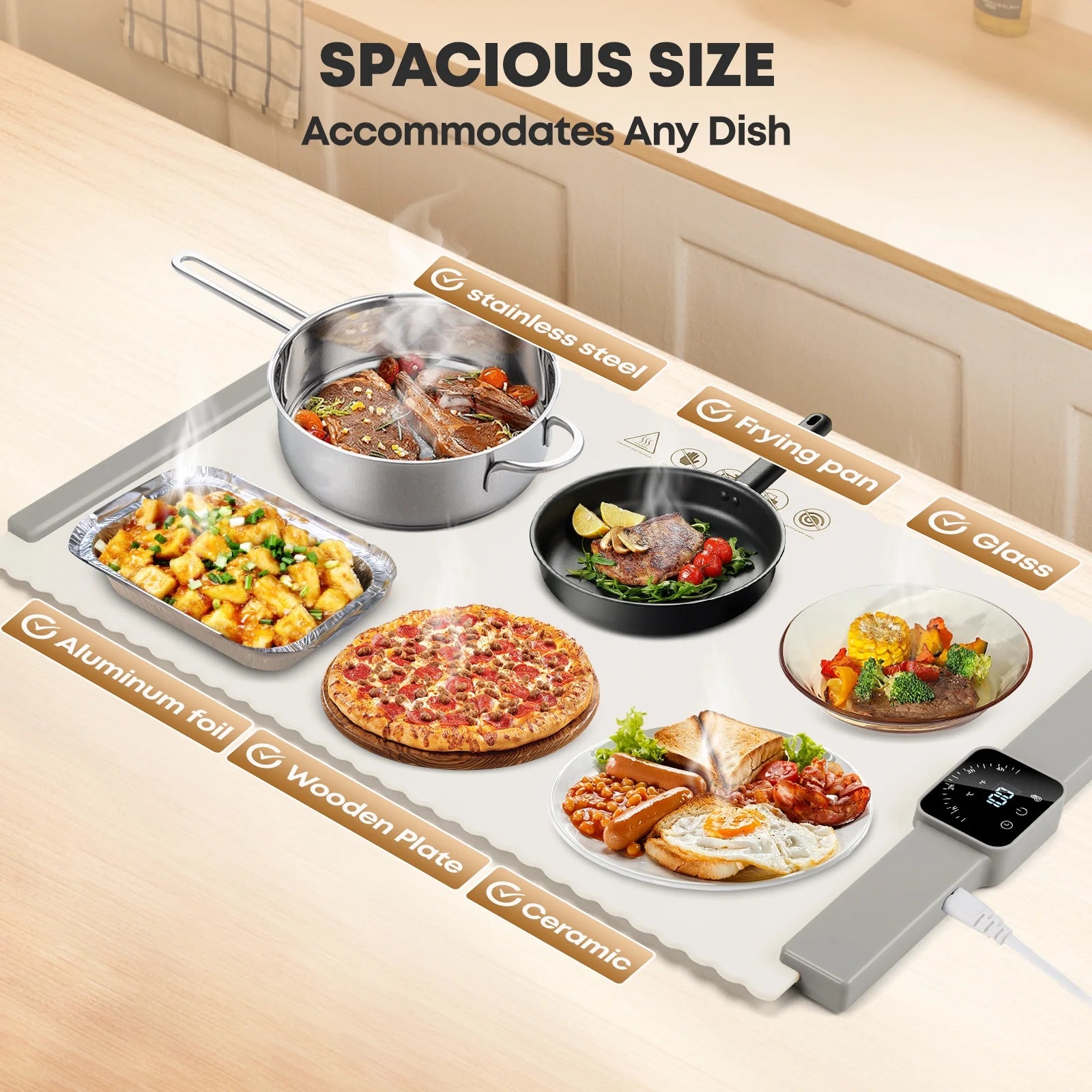 Electric Food Warming Tray - Portable Large Heating Mat for Buffets and Parties, Full Surface Rapid Heating, 5 Temperature Settings, White