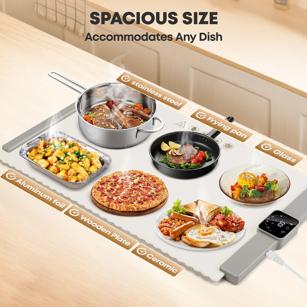 Electric Food Warming Tray - Portable Large Heating Mat for Buffets and Parties, Full Surface Rapid Heating, 5 Temperature Settings, White