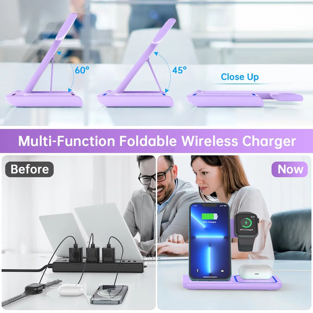 3-in-1 Wireless Charging Station for iPhone 17/16/15/14/13/12/11/Pro/Pro Max/Xs, 18W Dock for Apple Watch Series 11-3 and AirPods 4/3/2/Pro (Purple)