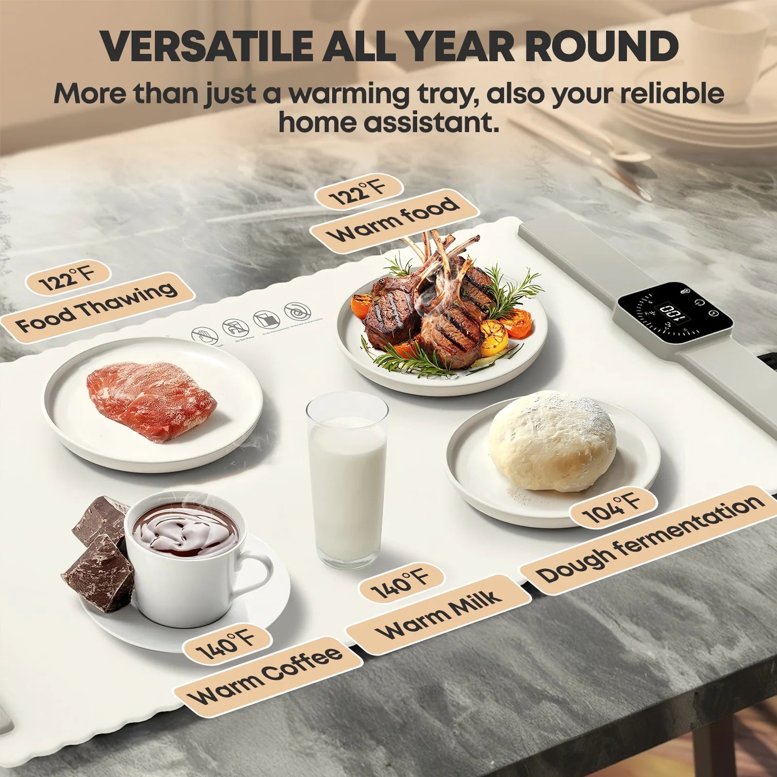 Electric Food Warming Tray - Portable Large Heating Mat for Buffets and Parties, Full Surface Rapid Heating, 5 Temperature Settings, White