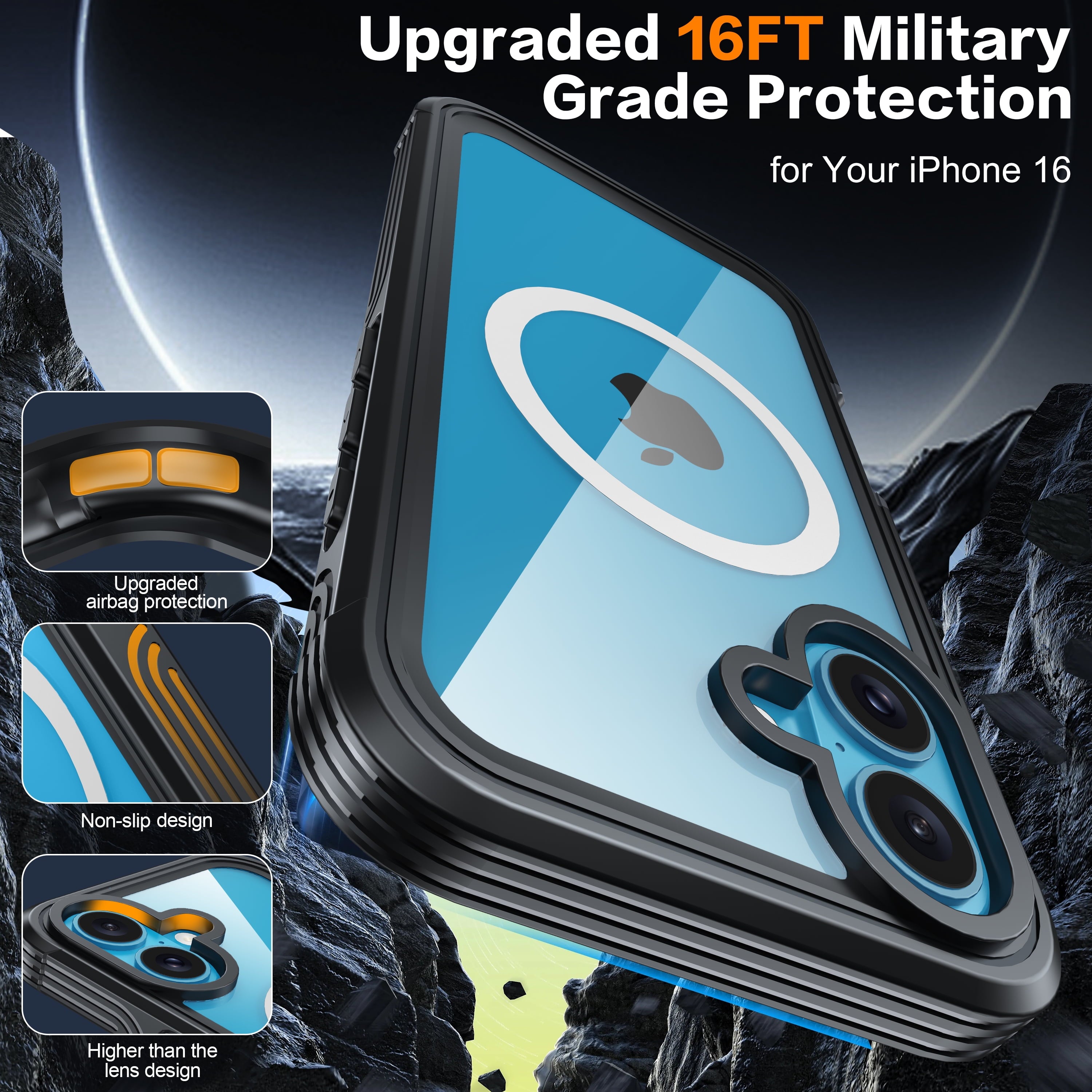 iPhone 16 Case with Double Front Frame, Built-In 9H Tempered Glass and Privacy Screen Protector, MagSafe Compatible Magnetic Phone Case - Black