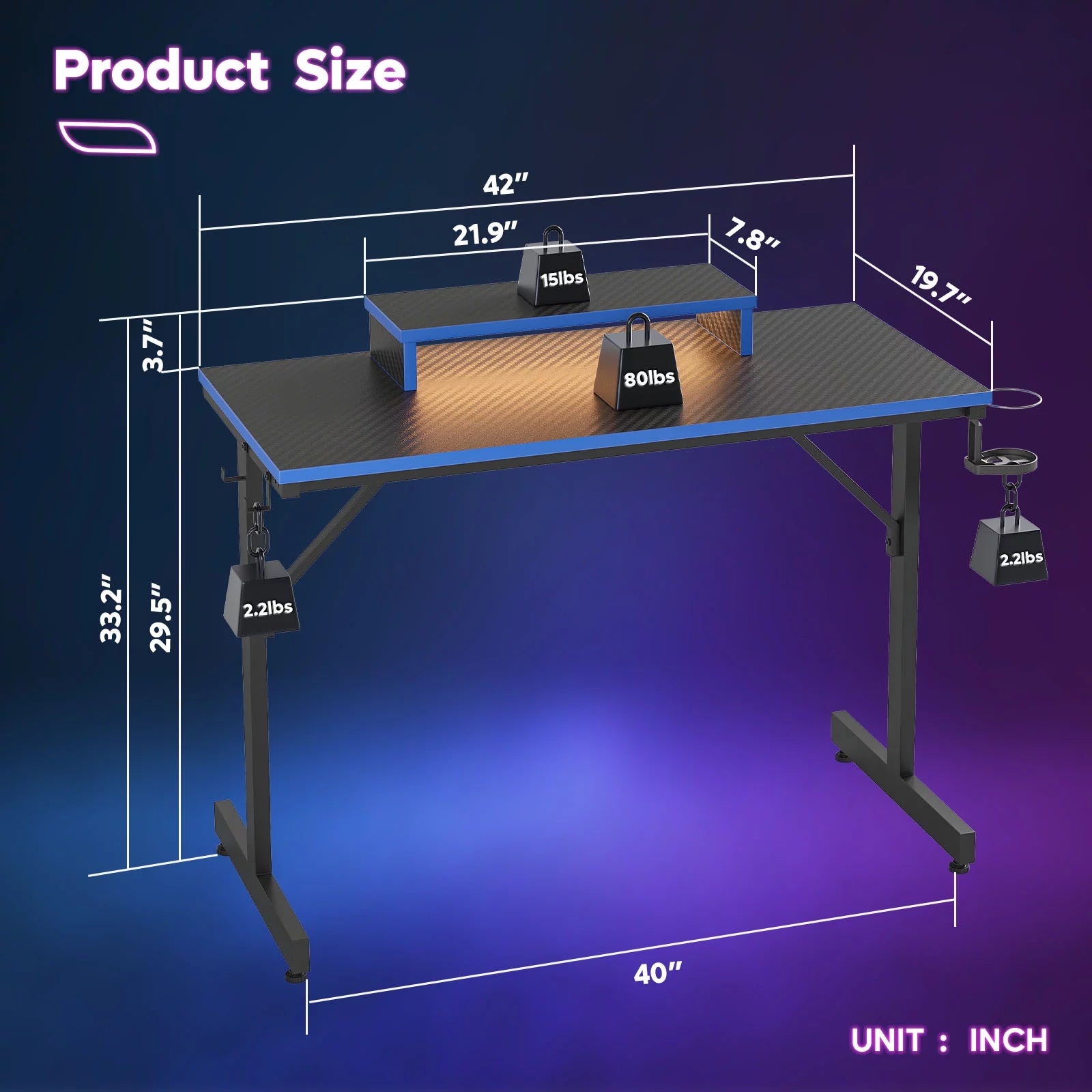 42-Inch Gaming Desk with LED Lighting, Monitor Stand, Hook, and Cup Holder in Blue