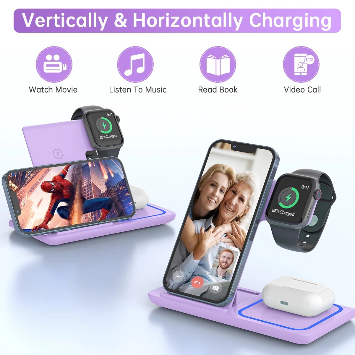 3-in-1 Wireless Charging Station for iPhone 17/16/15/14/13/12/11/Pro/Pro Max/Xs, 18W Dock for Apple Watch Series 11-3 and AirPods 4/3/2/Pro (Purple)