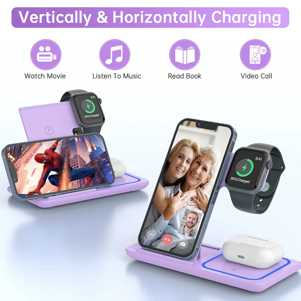 3-in-1 Wireless Charging Station for iPhone 17/16/15/14/13/12/11/Pro/Pro Max/Xs, 18W Dock for Apple Watch Series 11-3 and AirPods 4/3/2/Pro (Purple)