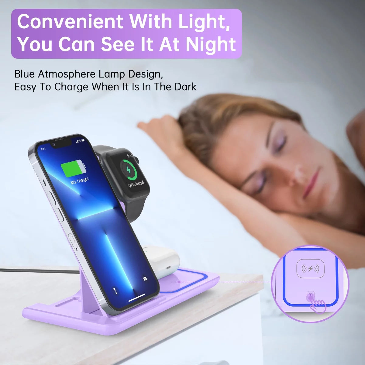 3-in-1 Wireless Charging Station for iPhone 17/16/15/14/13/12/11/Pro/Pro Max/Xs, 18W Dock for Apple Watch Series 11-3 and AirPods 4/3/2/Pro (Purple)