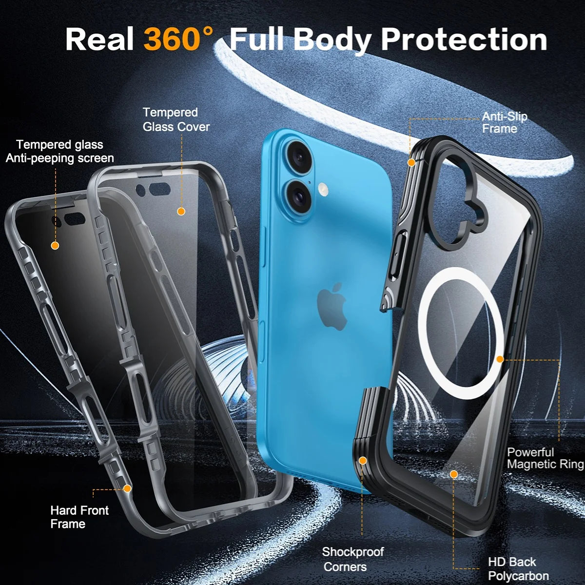 iPhone 16 Case with Double Front Frame, Built-In 9H Tempered Glass and Privacy Screen Protector, MagSafe Compatible Magnetic Phone Case - Black