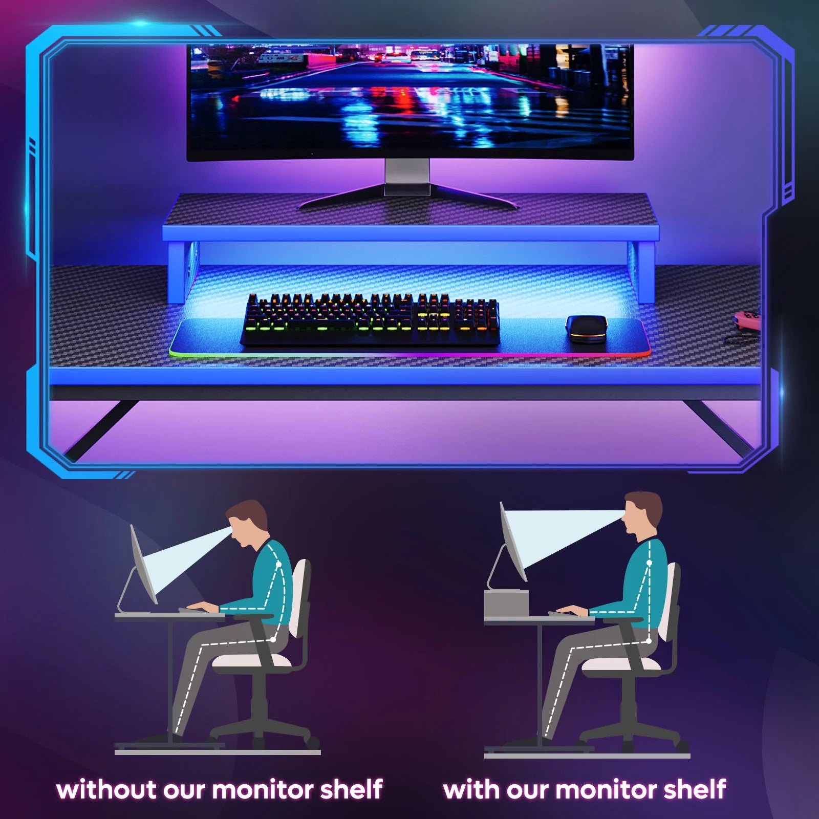 42-Inch Gaming Desk with LED Lighting, Monitor Stand, Hook, and Cup Holder in Blue