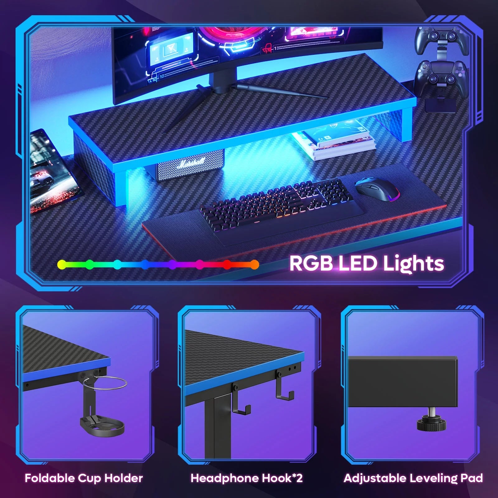 42-Inch Gaming Desk with LED Lighting, Monitor Stand, Hook, and Cup Holder in Blue